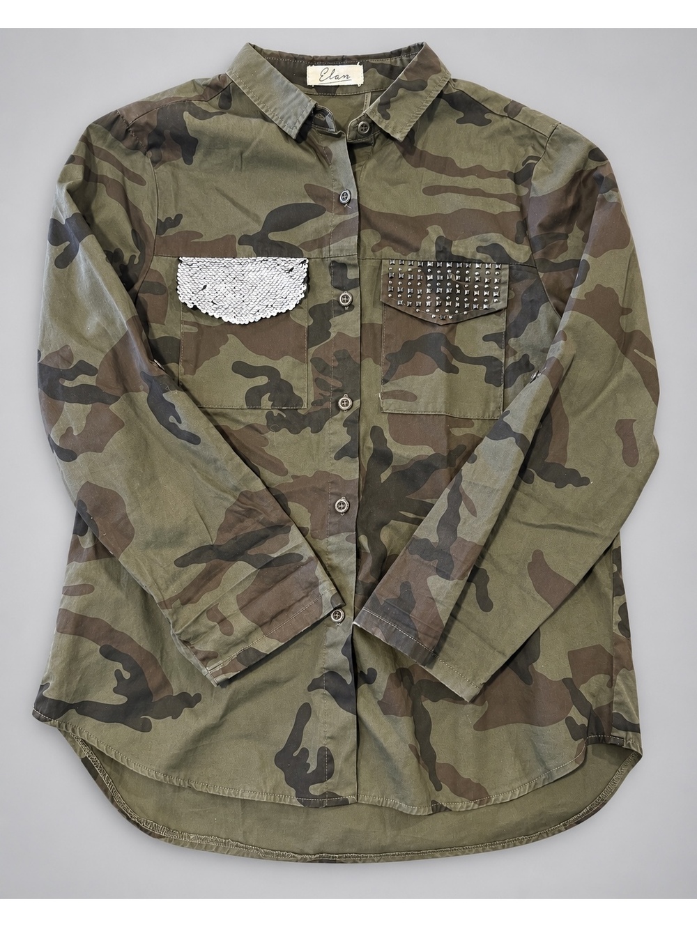 Elan Women's Camouflage Button-Up Shirt with Sequin and Studded Pockets, Size S